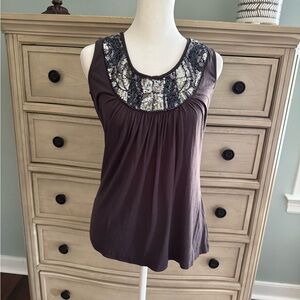Bobeau grey Sleeveless Blouse with Patterned Yoke